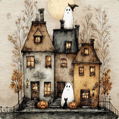 Acuarela y tinta de tres casas con fantasmas y calabazas en una noche de Halloween