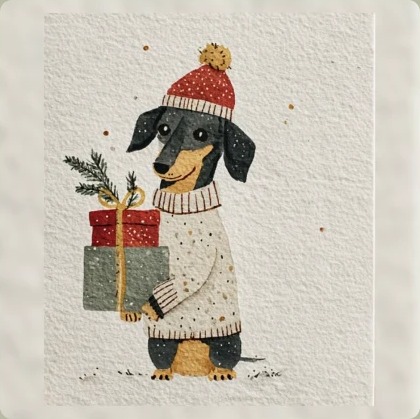 Acuarela de un perro salchicha con gorro navideño llevando un regalo